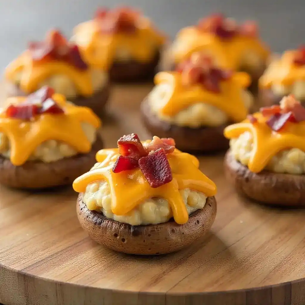 Stuffed mushrooms topped with cheddar cheese stars and crispy bacon pieces.