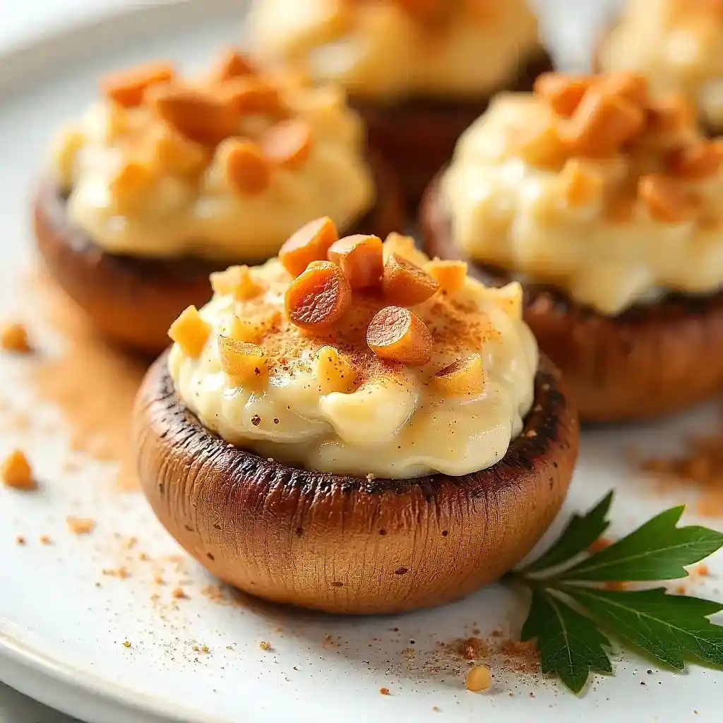 Creamy stuffed mushrooms garnished with caramelized bits and warm spices.