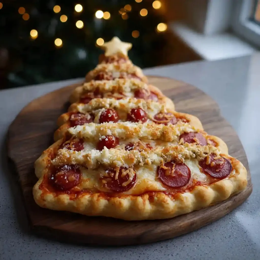 Christmas tree-shaped pizza topped with pepperoni and cheese on a wooden board with holiday lights in the background.
