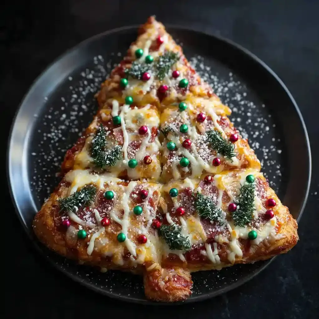 Christmas tree pizza with cheese, pepperoni, edible tree decorations, and colorful candy ornaments.