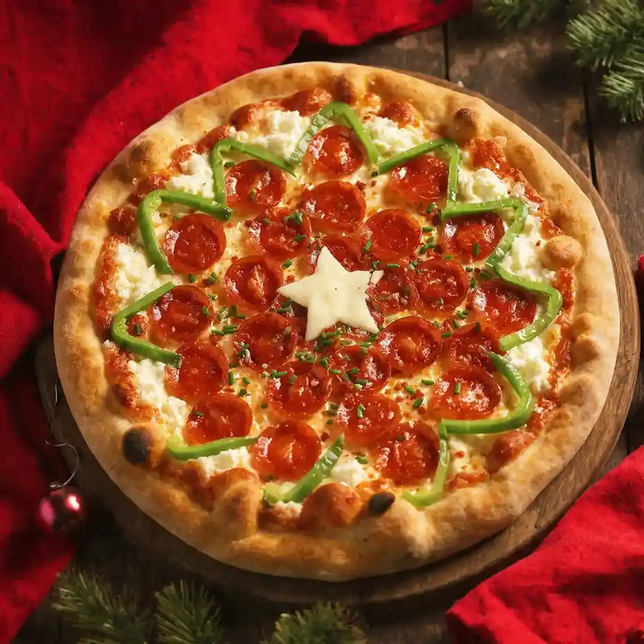 Christmas pizza topped with pepperoni, green peppers, ricotta, and a star-shaped cheese topper.