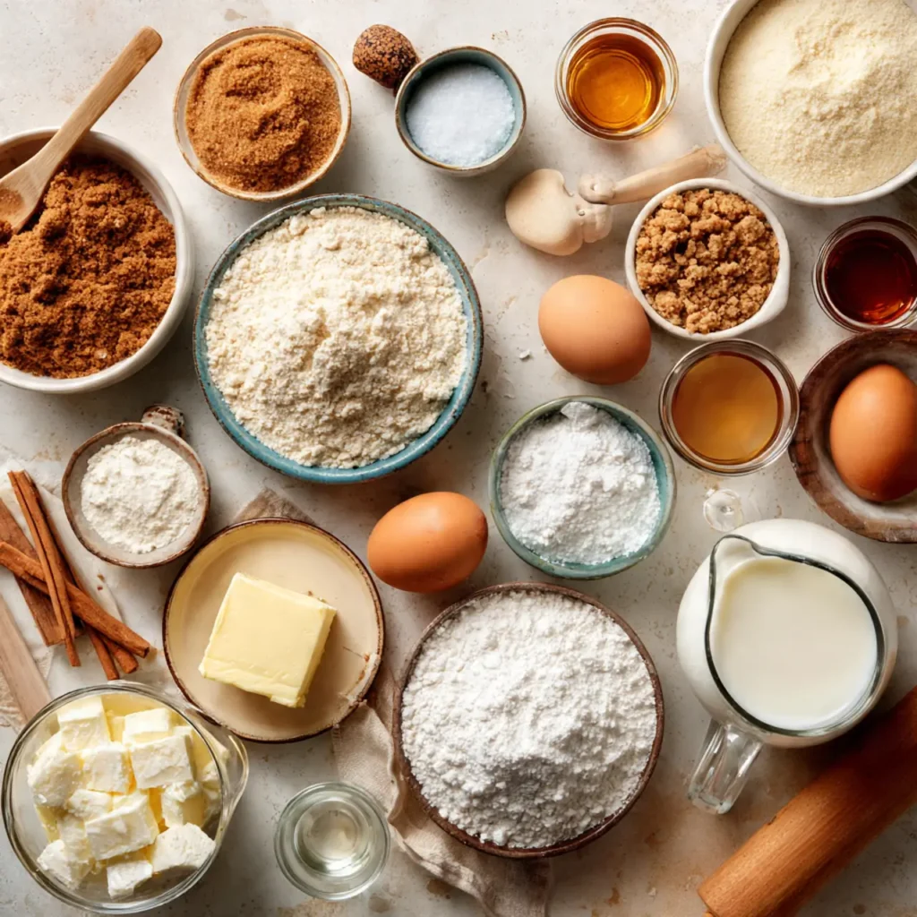 Overhead photo of flour, brown sugar, butter, cinnamon, eggs, milk, and other cinnamon roll ingredients arranged in bowls on a light surface.