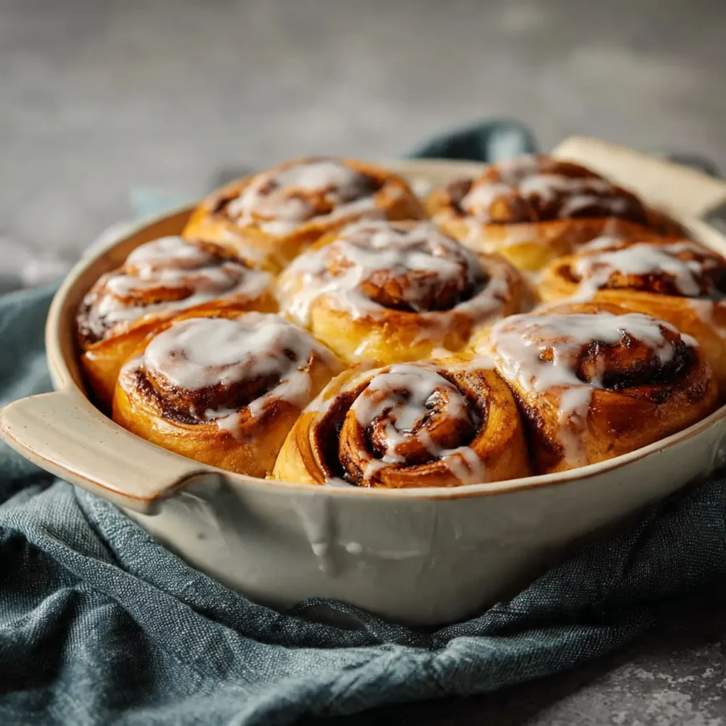 Freshly baked cinnamon rolls in a ceramic dish, drizzled with creamy icing.