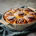 Freshly baked cinnamon rolls in a ceramic dish, drizzled with creamy icing.