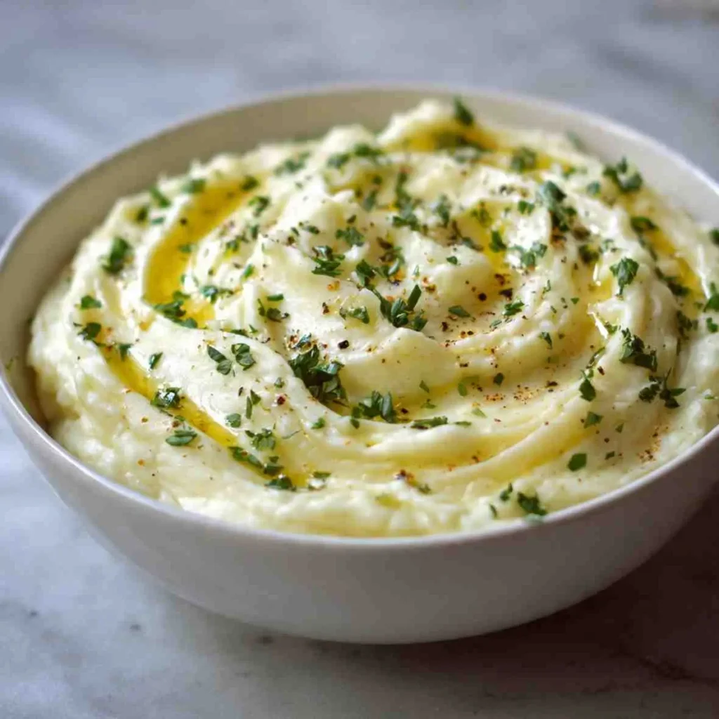 Bowl of creamy garlic mashed potatoes swirled with butter and sprinkled with fresh herbs.