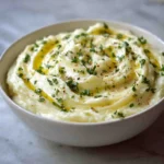 Bowl of creamy garlic mashed potatoes swirled with butter and sprinkled with fresh herbs.