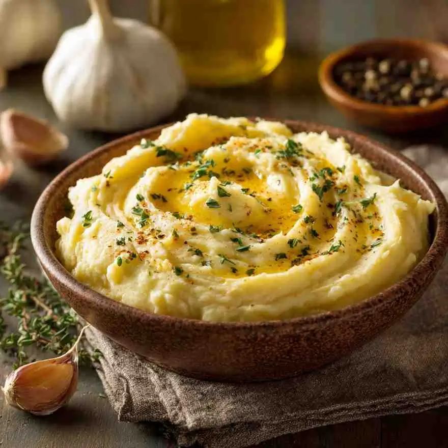 Rustic bowl of garlic mashed potatoes with melted butter, herbs, and garlic cloves in the background.