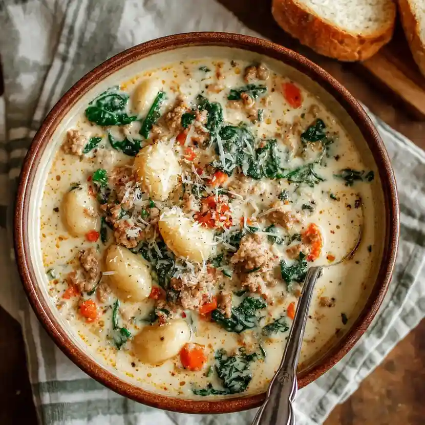 Hearty creamy gnocchi soup with sausage, spinach, and vegetables served in a brown ceramic bowl.