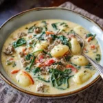 Close-up of creamy Italian sausage gnocchi soup with spinach, carrots, and Parmesan cheese in a rustic bowl.