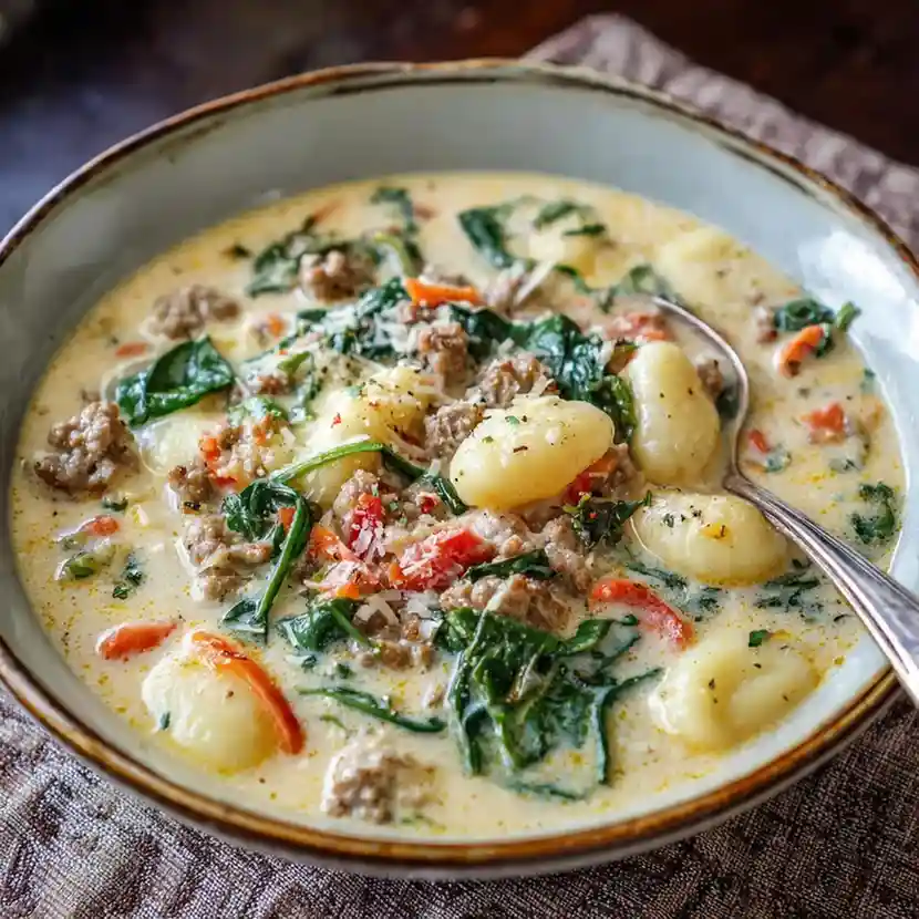Close-up of creamy Italian sausage gnocchi soup with spinach, carrots, and Parmesan cheese in a rustic bowl.