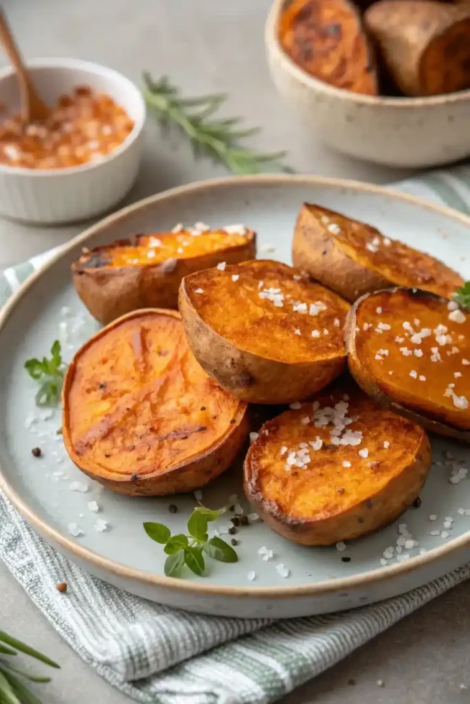 Golden roasted Crispy Air Fryer Sweet Potatoes halves sprinkled with coarse sea salt on a ceramic plate, ready to serve.
