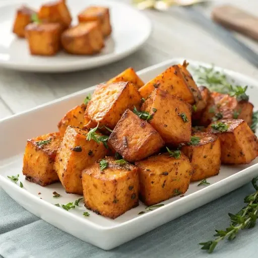 Crispy roasted sweet potato cubes with fresh herbs served on a white plate.