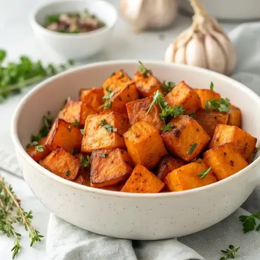 Golden brown roasted sweet potato cubes garnished with parsley in a white ceramic bowl.
