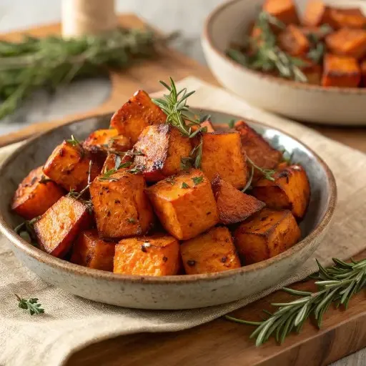 Crispy roasted sweet potato cubes with herbs and pepper served in a stoneware bowl.