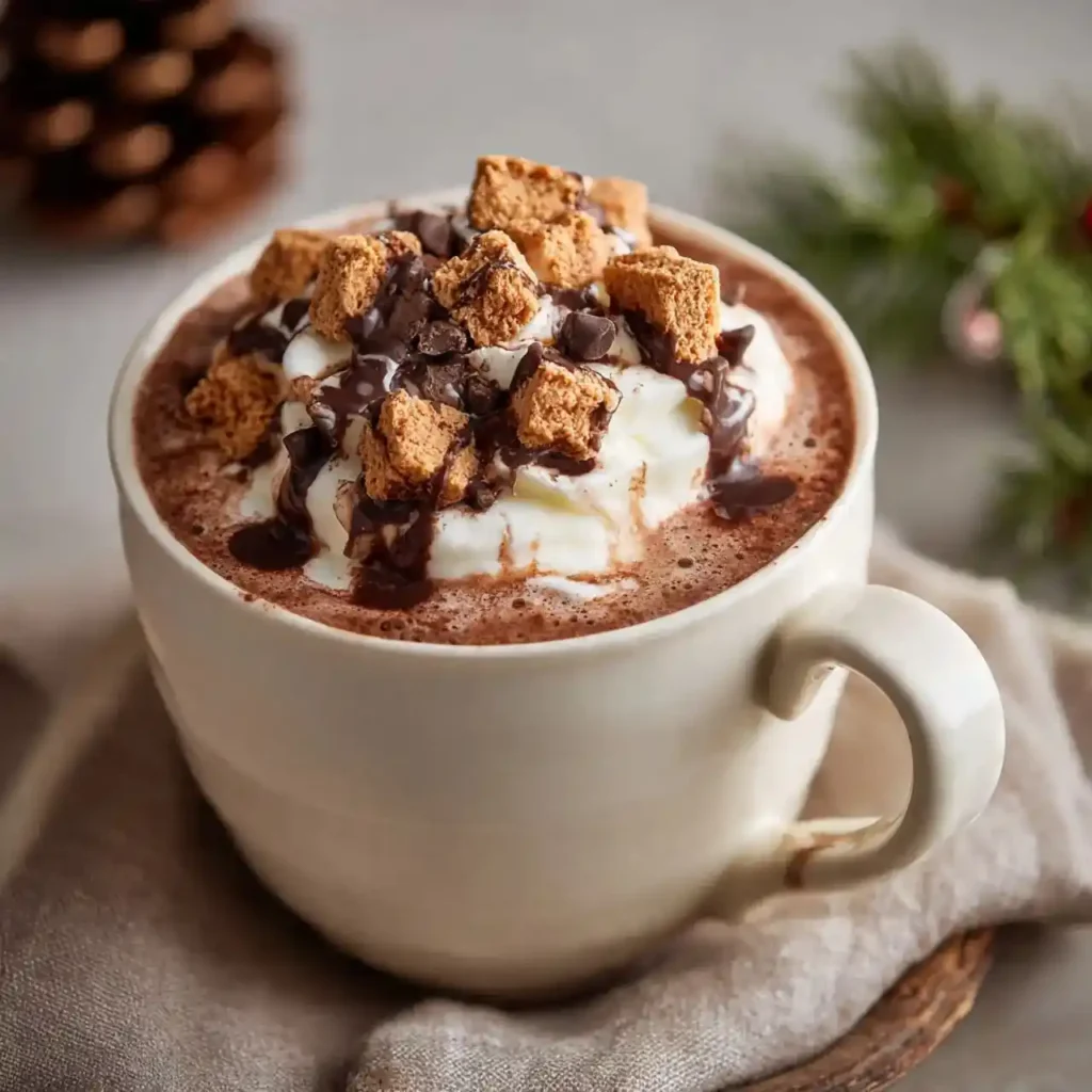 Hot chocolate topped with whipped cream, chocolate drizzle, and crunchy graham pieces in a cream-colored mug.