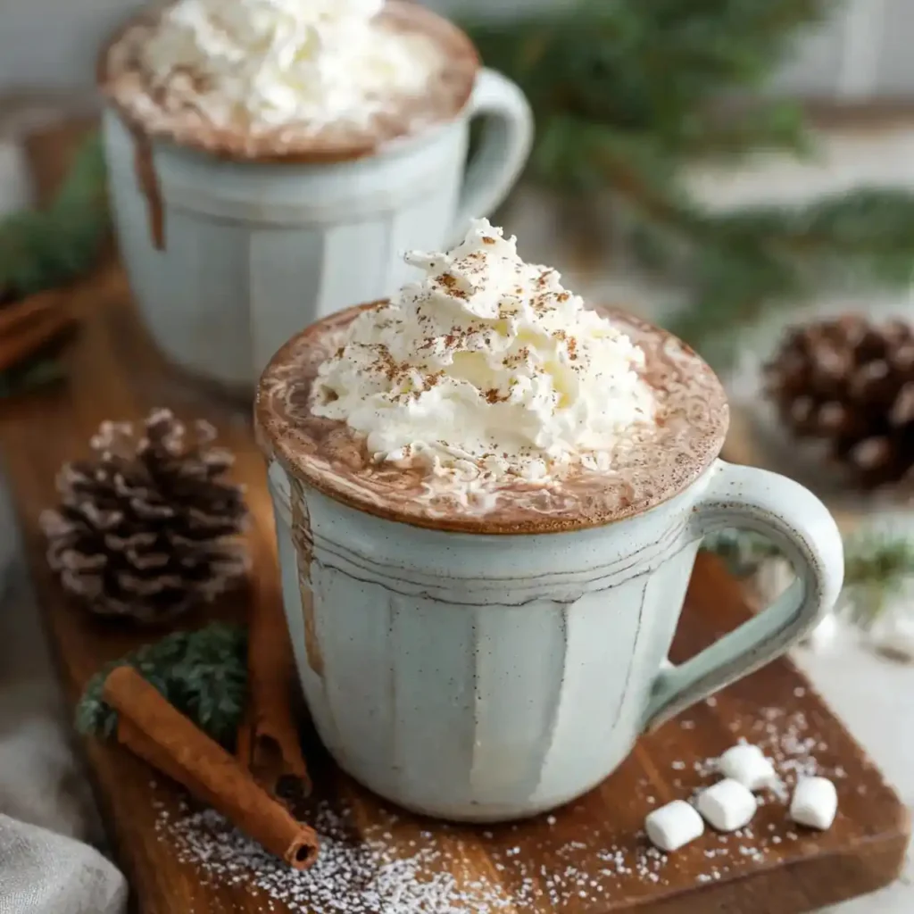 Creamy Crockpot Hot Chocolate in a ceramic mug topped with whipped cream and cocoa, surrounded by pinecones and cinnamon sticks.Cozy winter hot chocolate piled high with whipped cream the perfect Christmas treat!