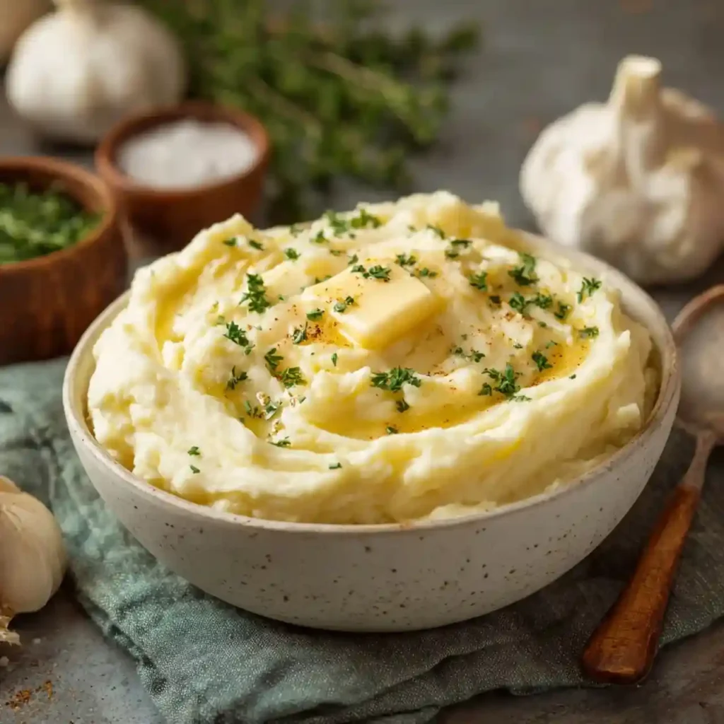 Bowl of creamy garlic mashed potatoes topped with butter and parsley on a rustic table.