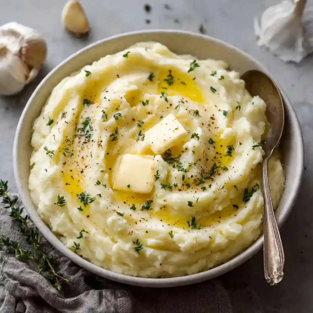 Fluffy mashed potatoes with melted butter and herbs served in a ceramic bowl with a spoon.