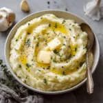 Fluffy mashed potatoes with melted butter and herbs served in a ceramic bowl with a spoon.