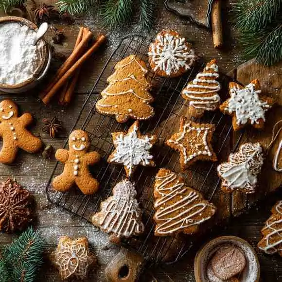Freshly baked gingerbread cookies decorated with white icing on a rustic wooden table.