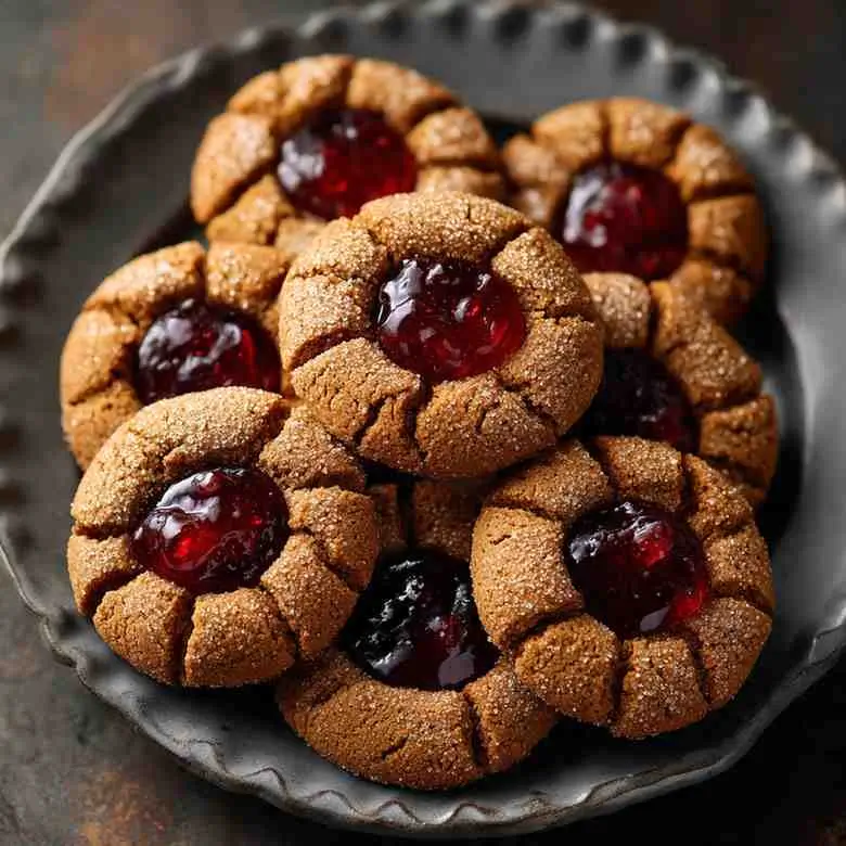 Plate of gingerbread thumbprint cookies filled with glossy red jam.