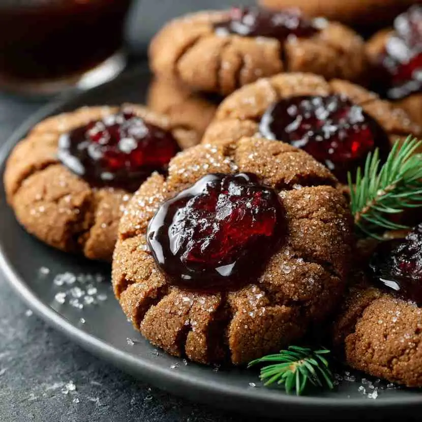 Gingerbread thumbprint cookies with red jam centers arranged on a dark plate with pine sprigs.