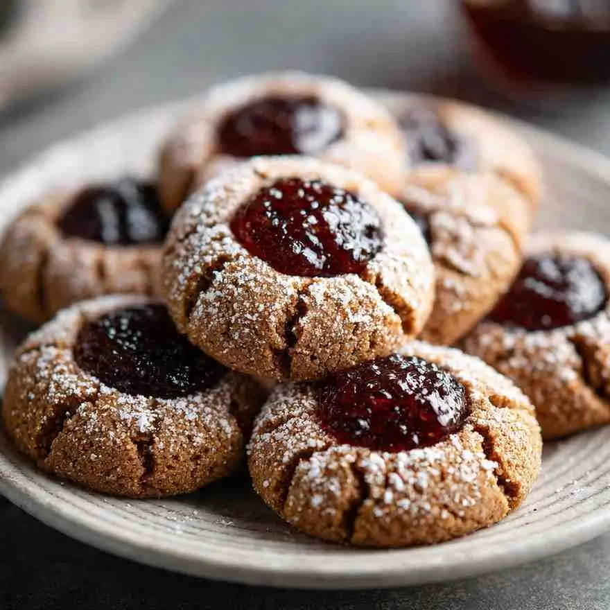 Close-up of gingerbread thumbprint cookies dusted with powdered sugar and filled with dark red jam.