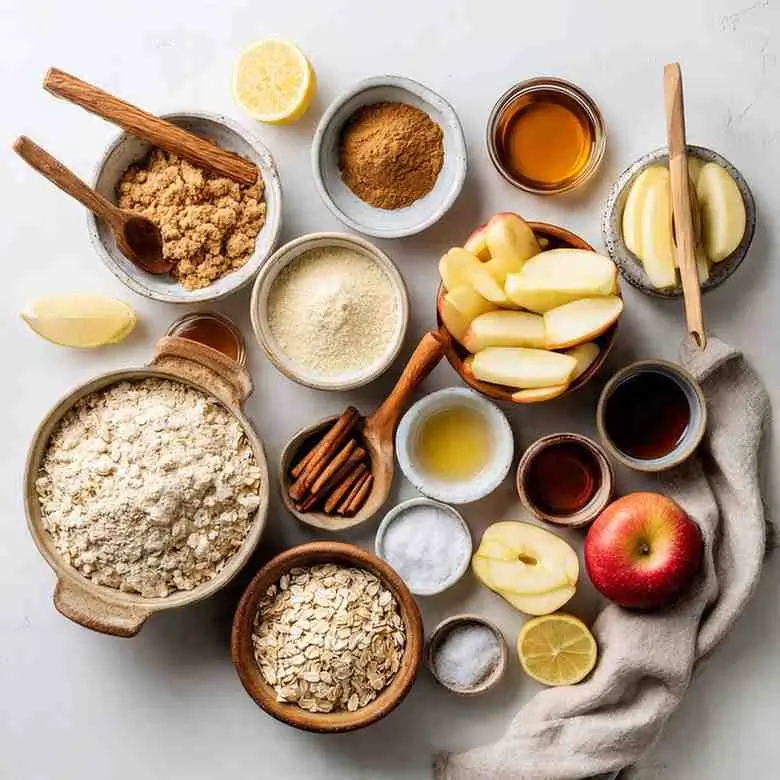 Overhead photo of sliced apples, gluten free oats, almond flour, cinnamon, brown sugar, maple syrup, lemon, and spices arranged in small bowls on a light surface.
