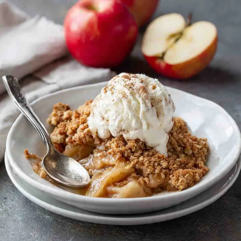 Bowl of gluten free apple crisp topped with a scoop of vanilla ice cream, with fresh apples in the background.