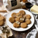 Rustic plate of gluten-free gingerbread cookies surrounded by baking ingredients.