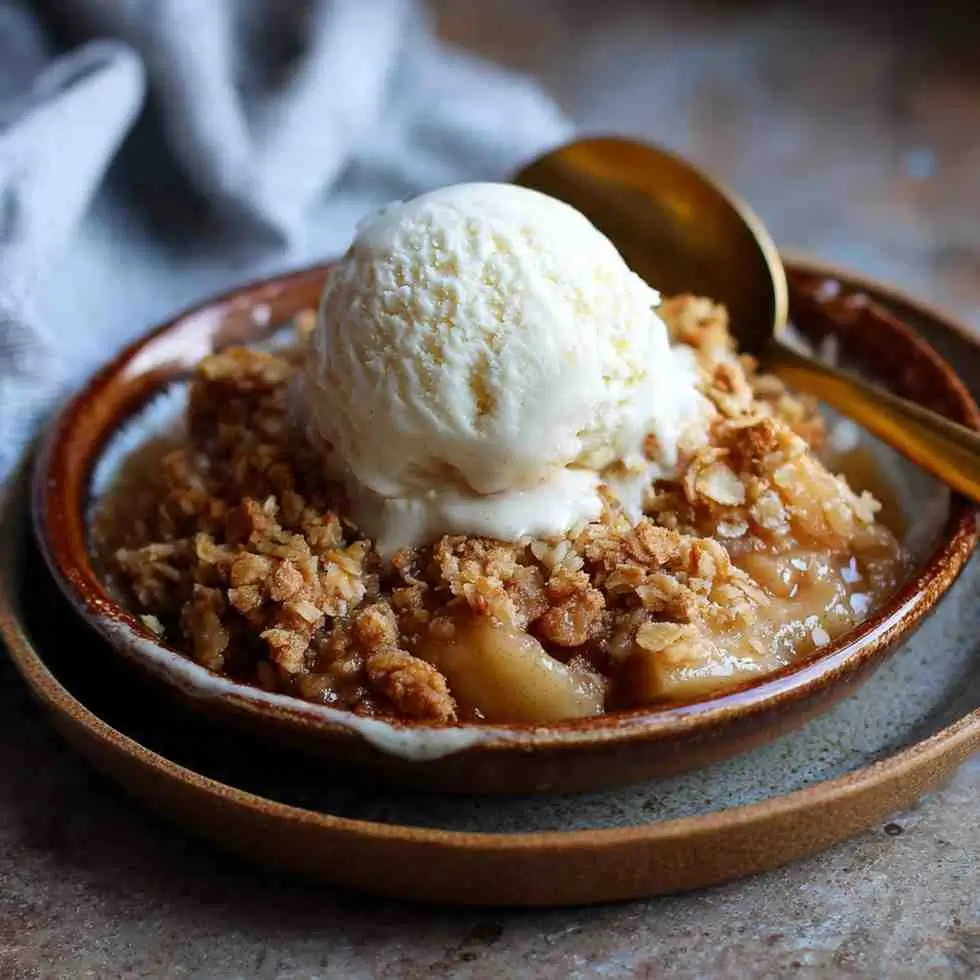 Close-up of gluten free apple crisp in a rustic bowl with melting vanilla ice cream on top.