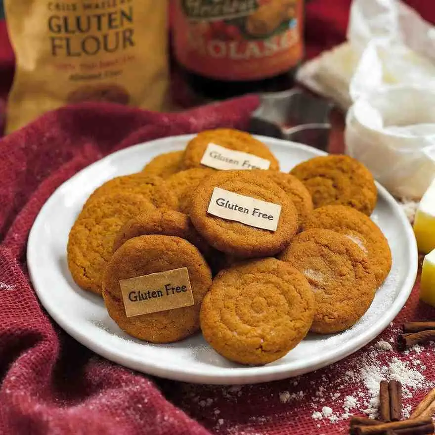 Gluten-free ginger cookies displayed on a plate with molasses and spices.