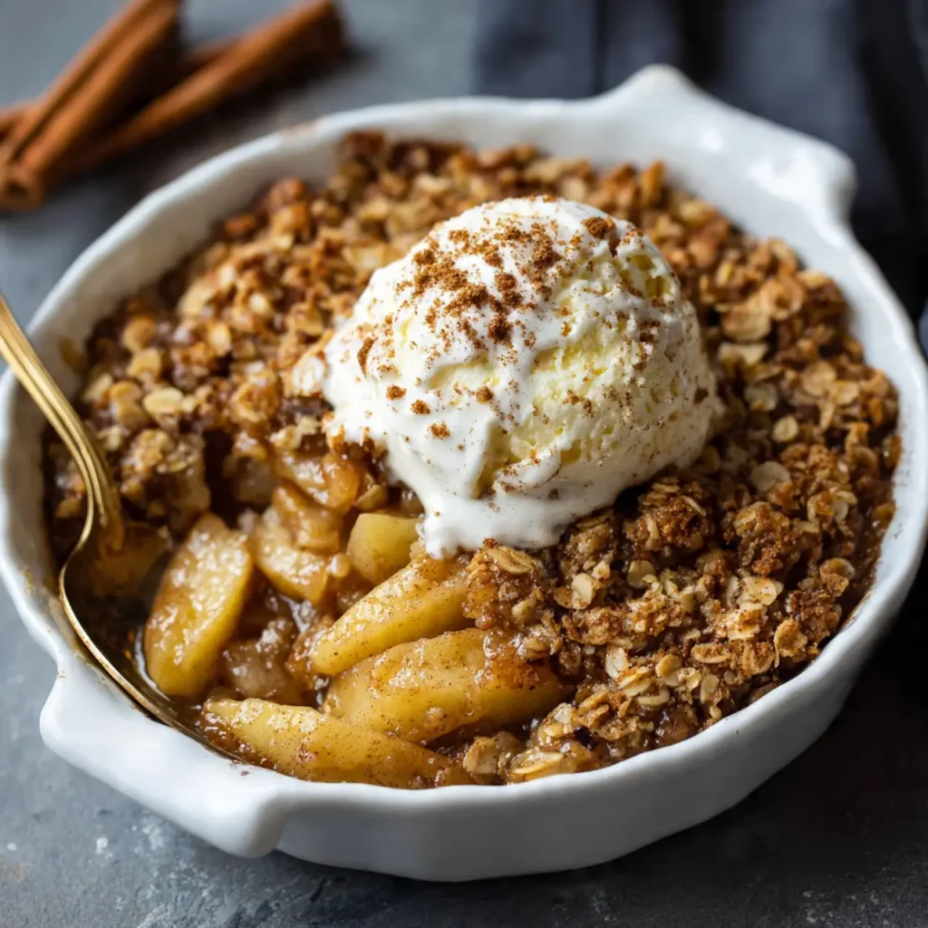 Warm apple crisp served in a white dish topped with vanilla ice cream and sprinkled with cinnamon.