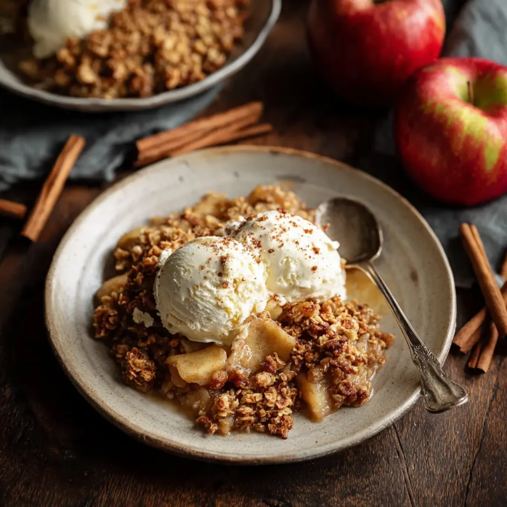 Homemade apple crisp served on a rustic plate with two scoops of vanilla ice cream.