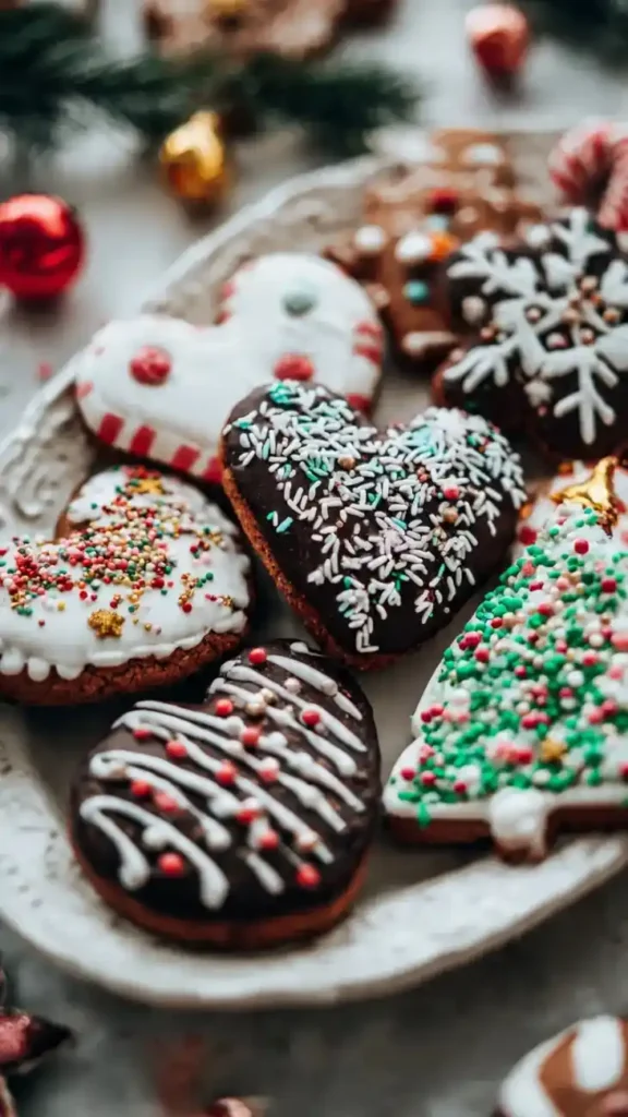Assorted Christmas cookies decorated with icing and colorful sprinkles on a festive platter.