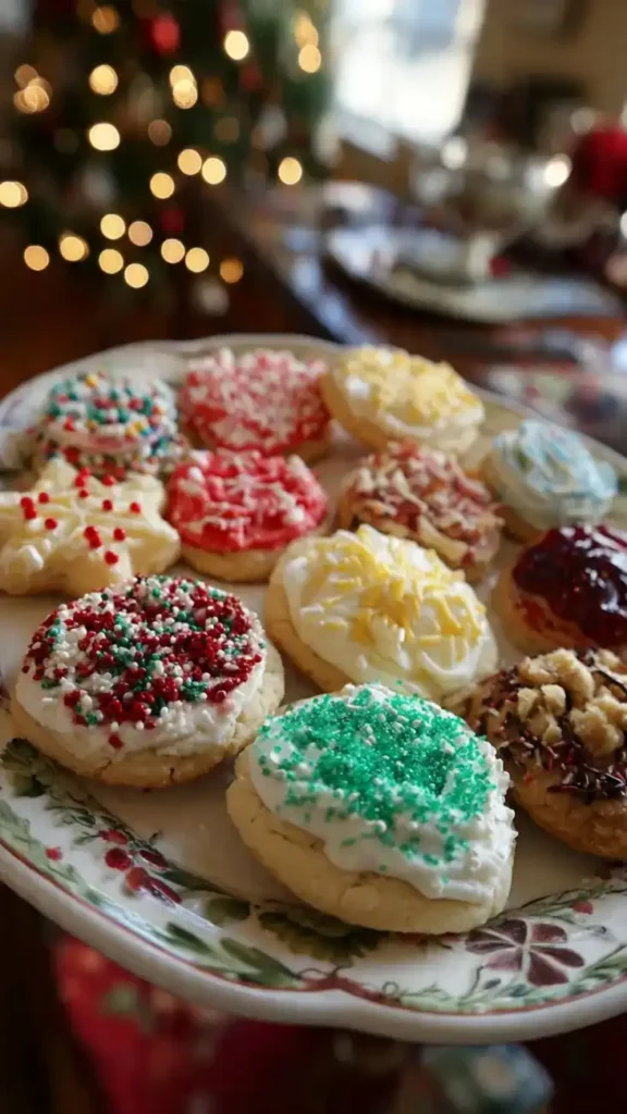 Tray of soft frosted sugar cookies with colorful holiday sprinkles in front of a Christmas tree.