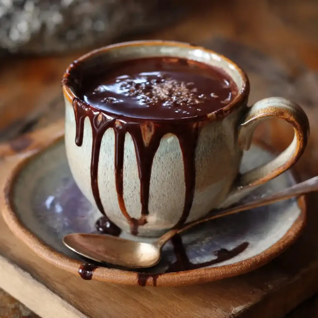 Thick European-style hot chocolate overflowing down a rustic ceramic mug with chocolate drips.