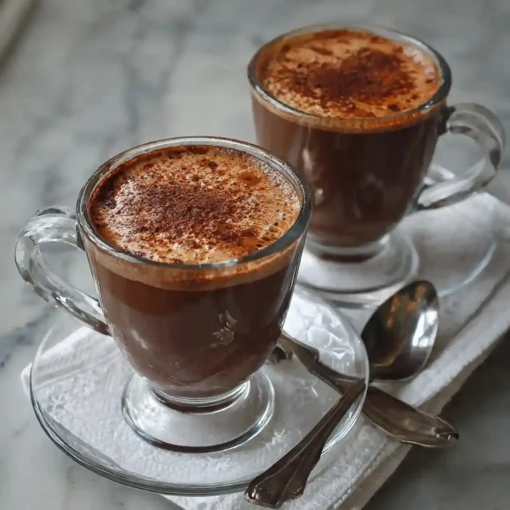 Two glass mugs filled with hot chocolate topped with cocoa powder on a marble surface.