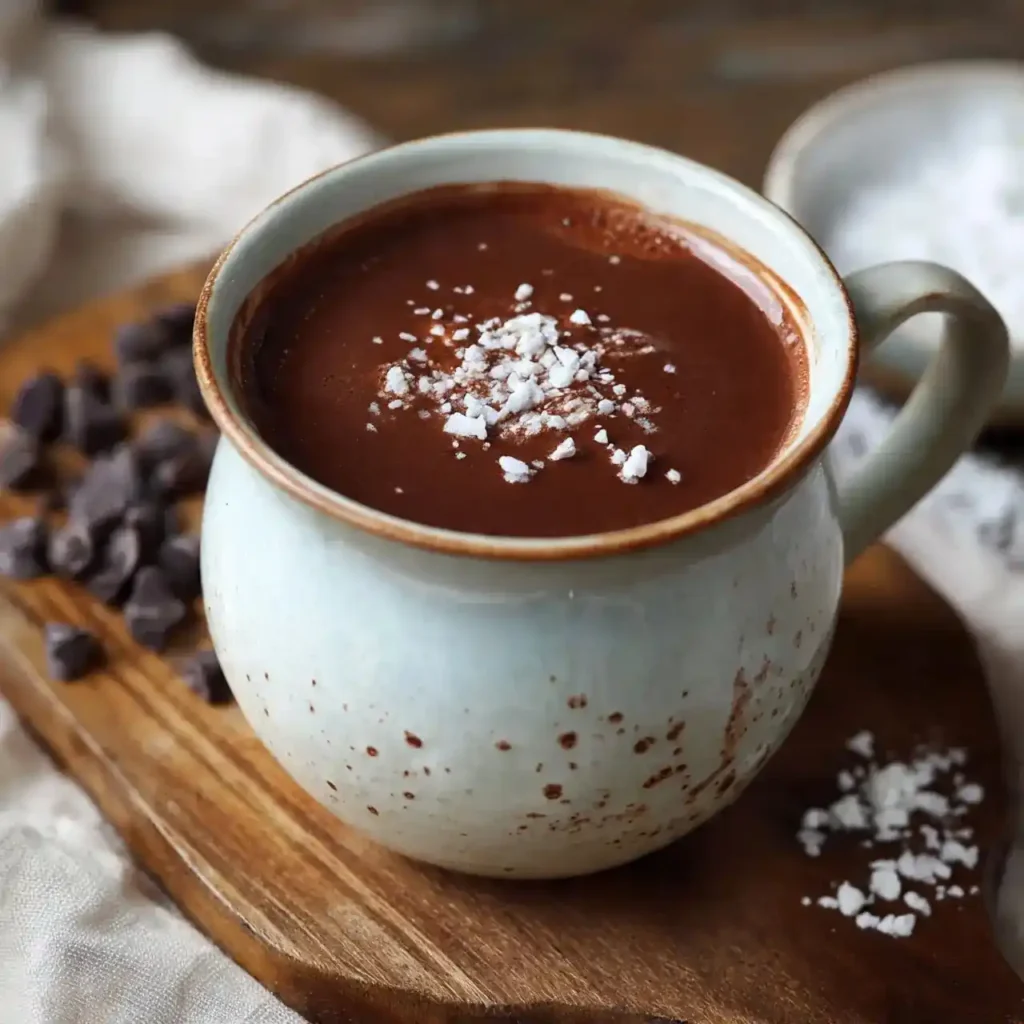 Creamy hot chocolate topped with powdered sugar in a speckled ceramic mug.