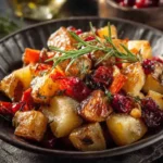 Holiday roasted potatoes with cranberries, carrots, and fresh rosemary, served in a dark bowl.