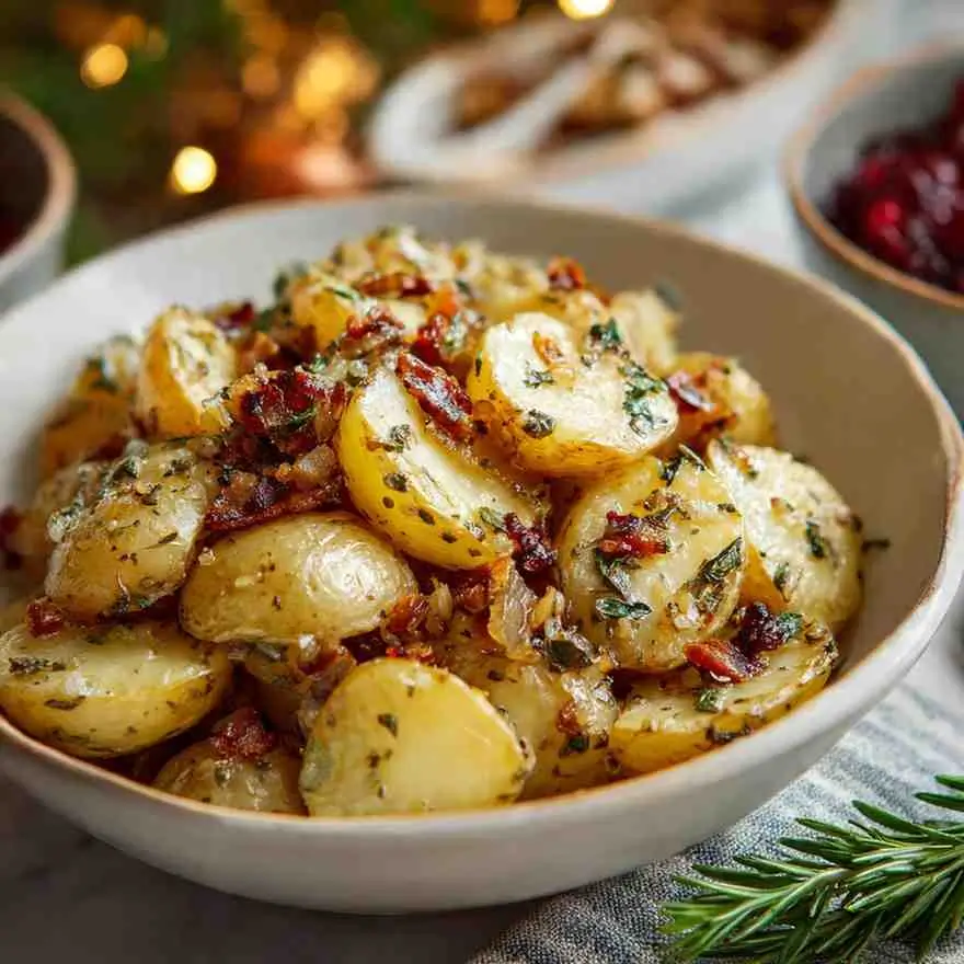 Warm baby potatoes coated in herb butter with crispy bacon and fresh thyme in a bowl.