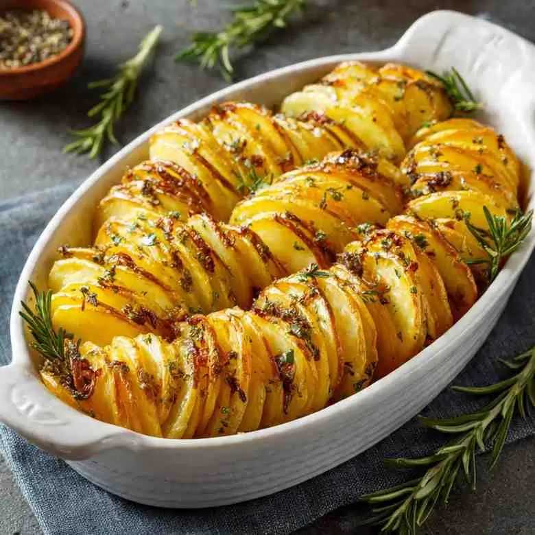 Golden hasselback potatoes baked with garlic, herbs, and butter in a white baking dish.