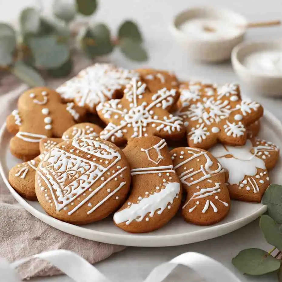 Plate of gingerbread cookies decorated with intricate white icing designs in holiday shapes.