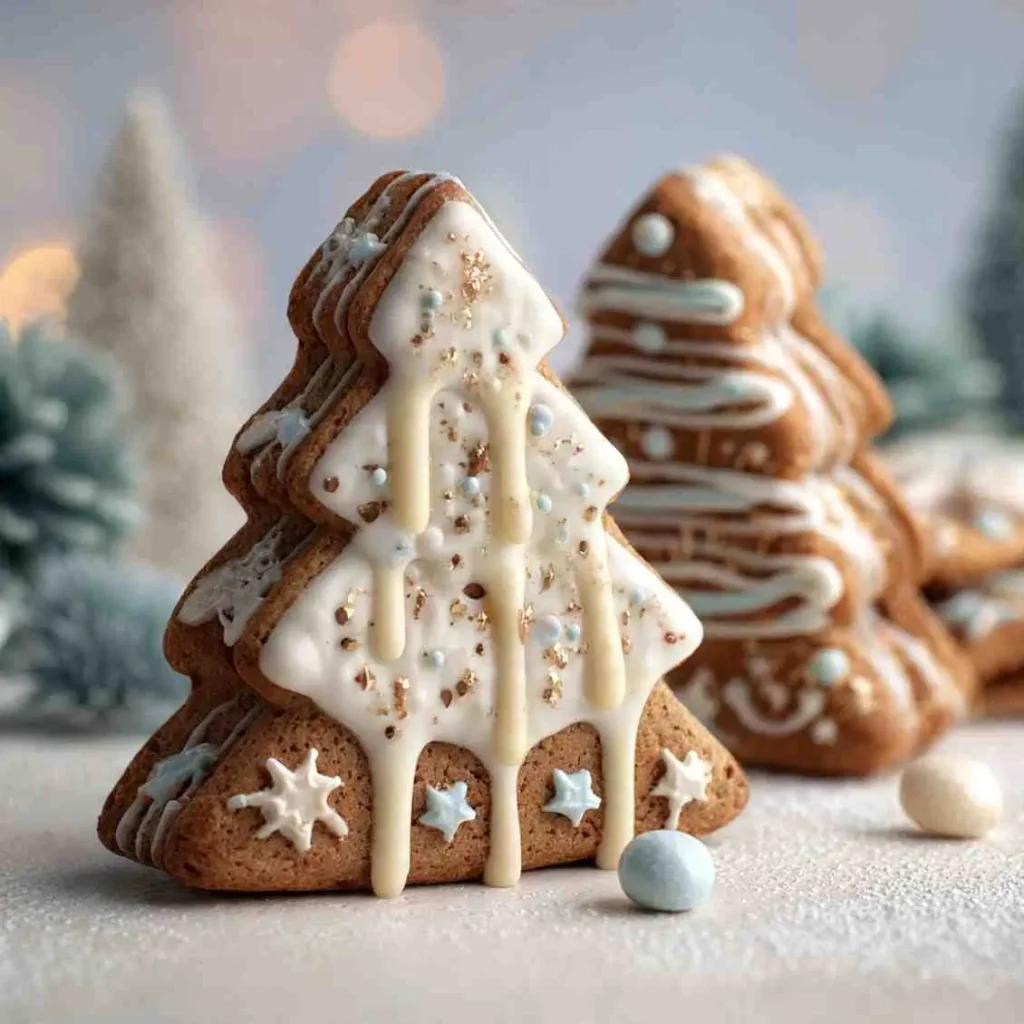 Three-layer gingerbread Christmas tree cookie decorated with white icing and sprinkles.