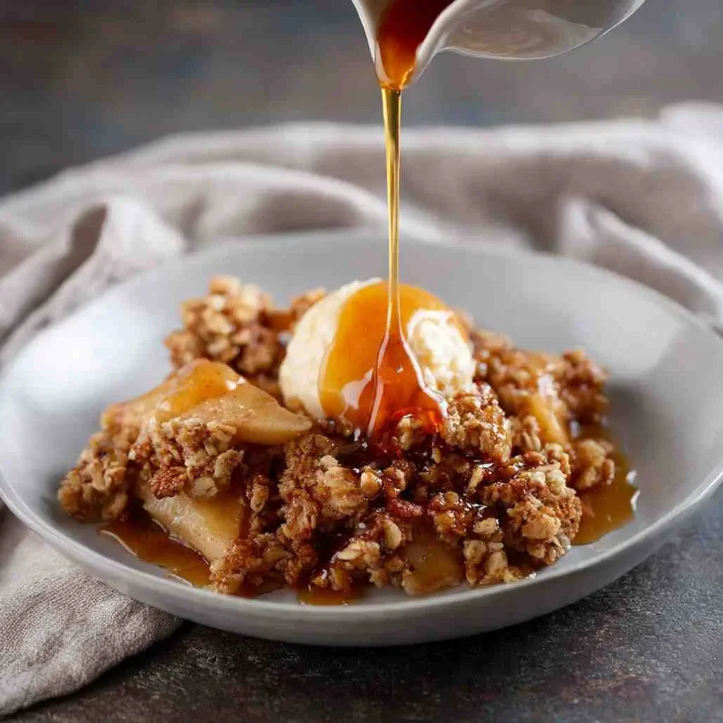 Warm apple crisp served with vanilla ice cream and maple syrup being poured on top.
