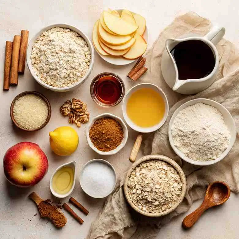 Overhead flat-lay of maple syrup apple crisp ingredients including oats, sliced apples, flour, cinnamon, lemon, walnuts, and maple syrup.