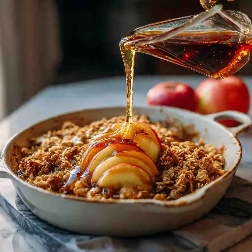 Freshly baked apple crisp in a dish with maple syrup being poured over sliced apples on top.