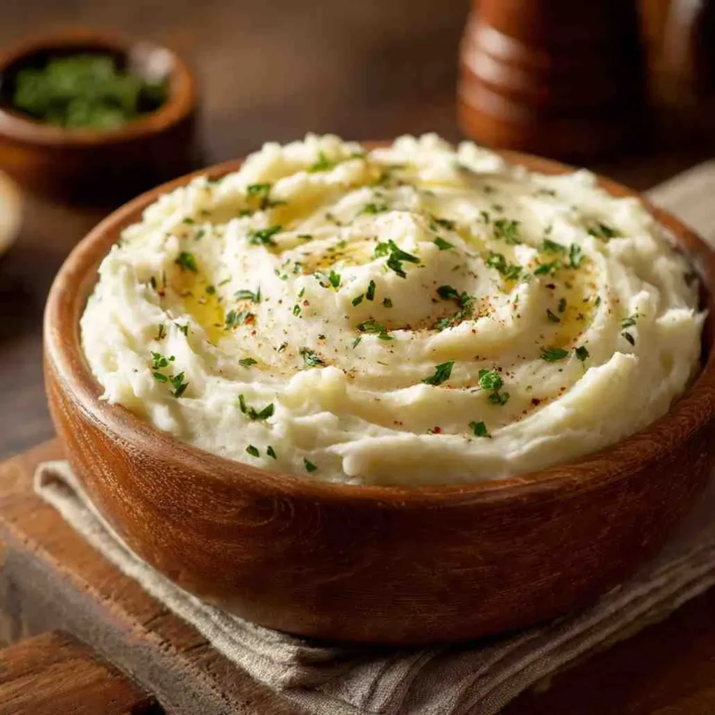 Creamy mashed potatoes swirled in a wooden bowl, topped with fresh herbs and a drizzle of melted butter