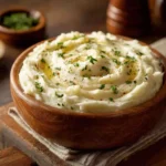 Creamy mashed potatoes swirled in a wooden bowl, topped with fresh herbs and a drizzle of melted butter