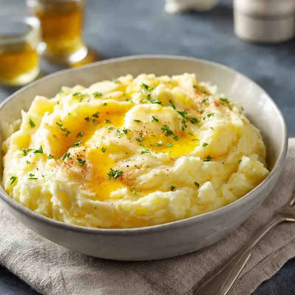 Rich mashed potatoes in a ceramic bowl, topped with golden melted butter and fresh parsley